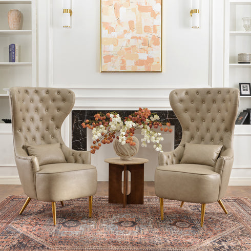 Letitia Faux Leather Wingback Chair - Khaki Accent Chair | Decorative Faux Leather Chairs | Kinwell Furniture | Modern Wingback Accent Chairs